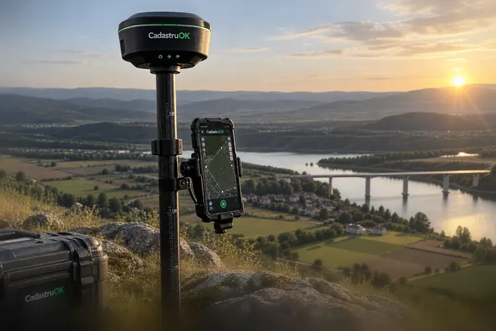 Receptor GNSS RTK cu controller, folosit pentru măsurători topografice în teren