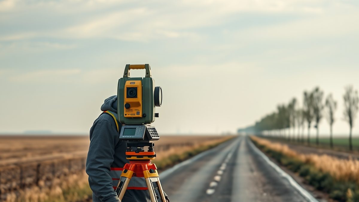 Topograf autorizat efectuând o lucrare de cadastru în județul Arad