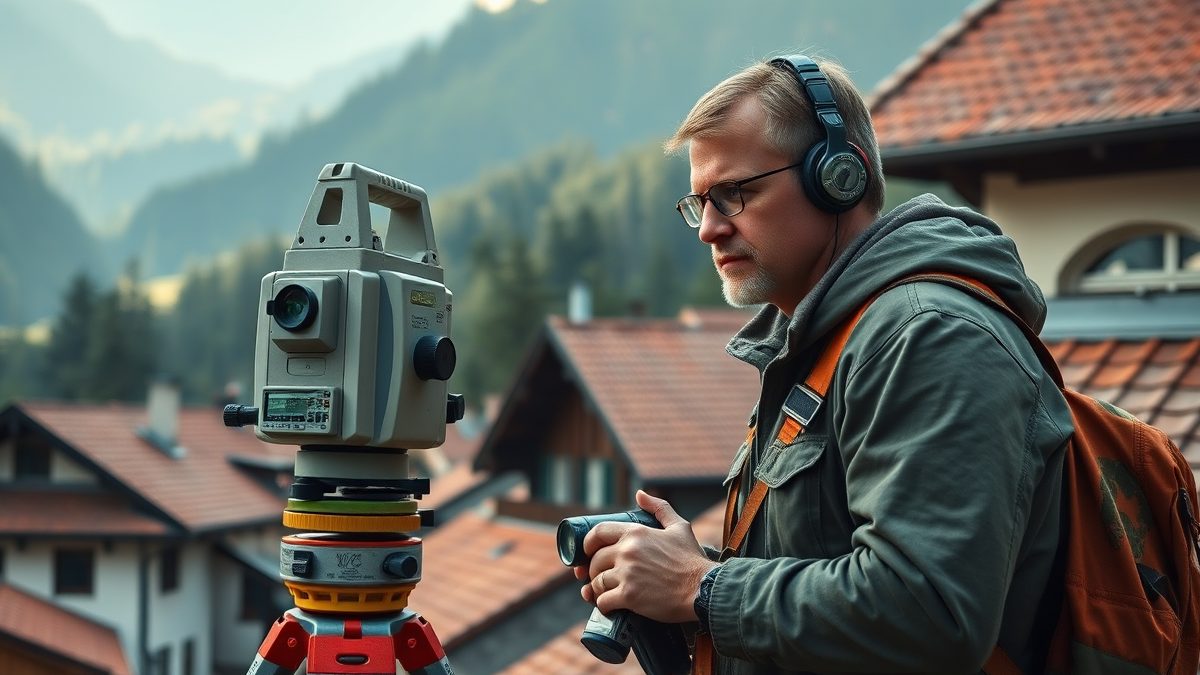 Topograf autorizat efectuând o lucrare de cadastru în județul Brașov