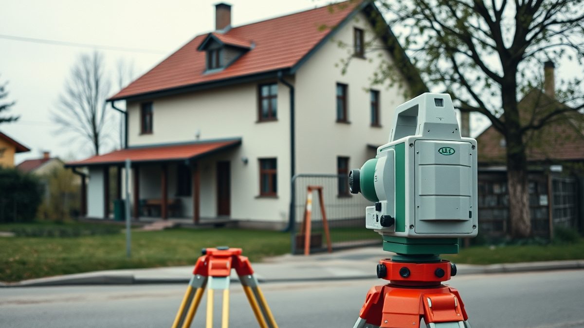 Topograf autorizat măsurând o casă cu teren și anexe, pentru documentația cadastrală