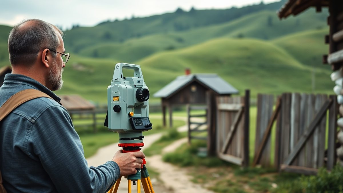 Topograf autorizat efectuând o lucrare de cadastru în județul Suceava