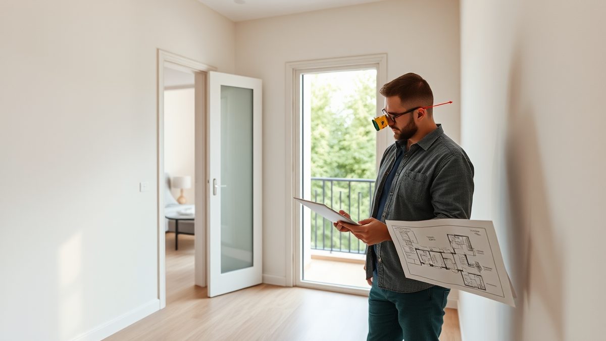 Topograf autorizat efectuând releveul unui apartament, pentru cadastru și intabulare