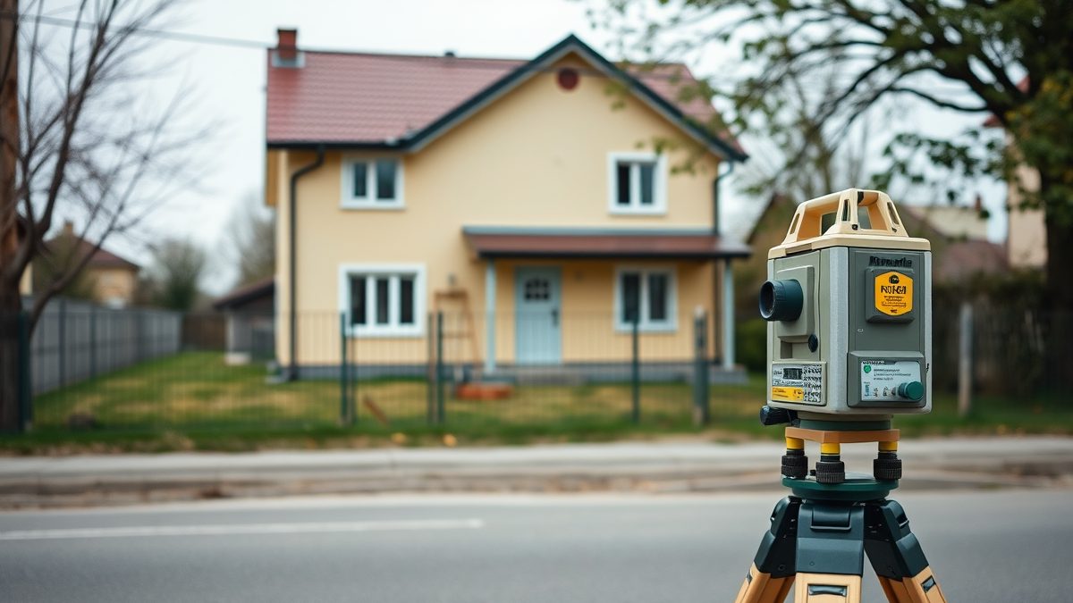 Topograf autorizat efectuând măsurătoarea unei case cu curte, pentru intabulare