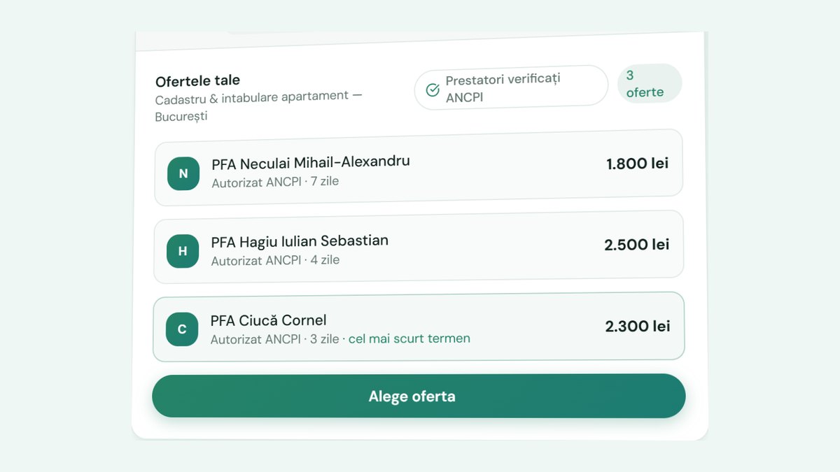Exemplu de lucrare de intabulare casă publicată pe CadastruOK, cu ofertele primite de la topografi autorizați