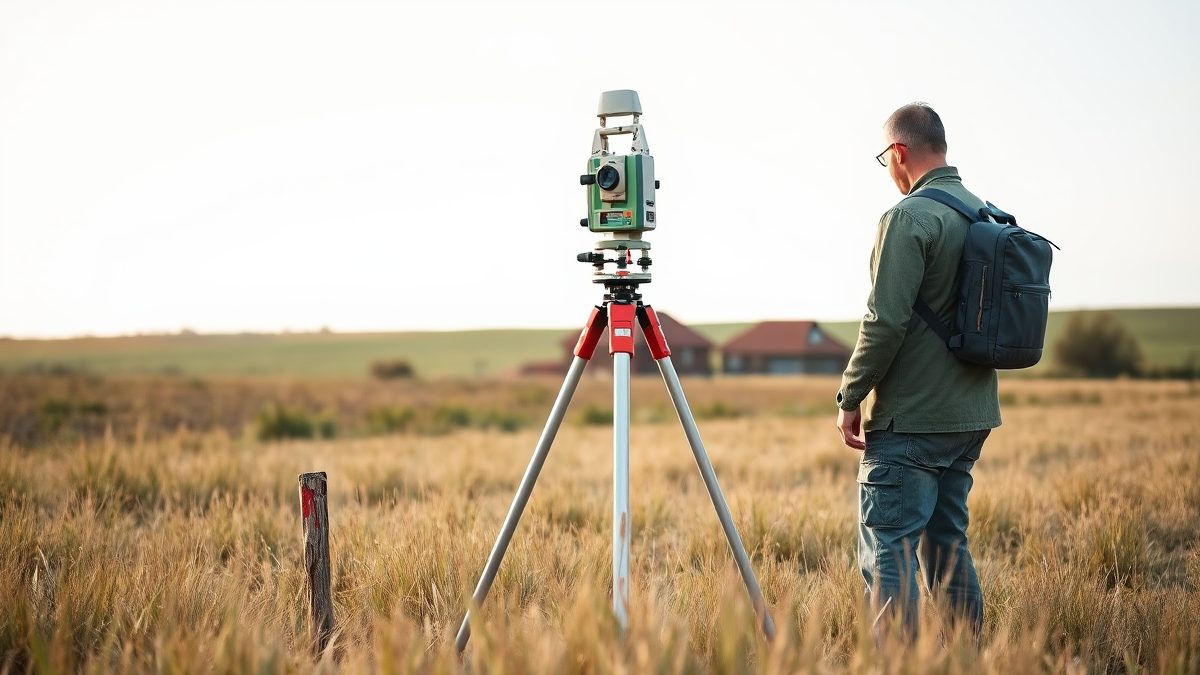Topograf autorizat măsurând limitele unui teren extravilan cu echipament GNSS, pentru intabulare
